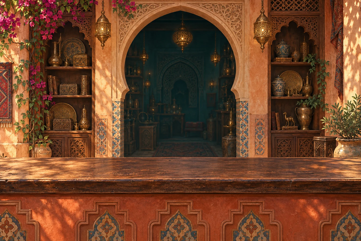 A sunlit medina shop with carved arches, brass lanterns, and a wooden counter